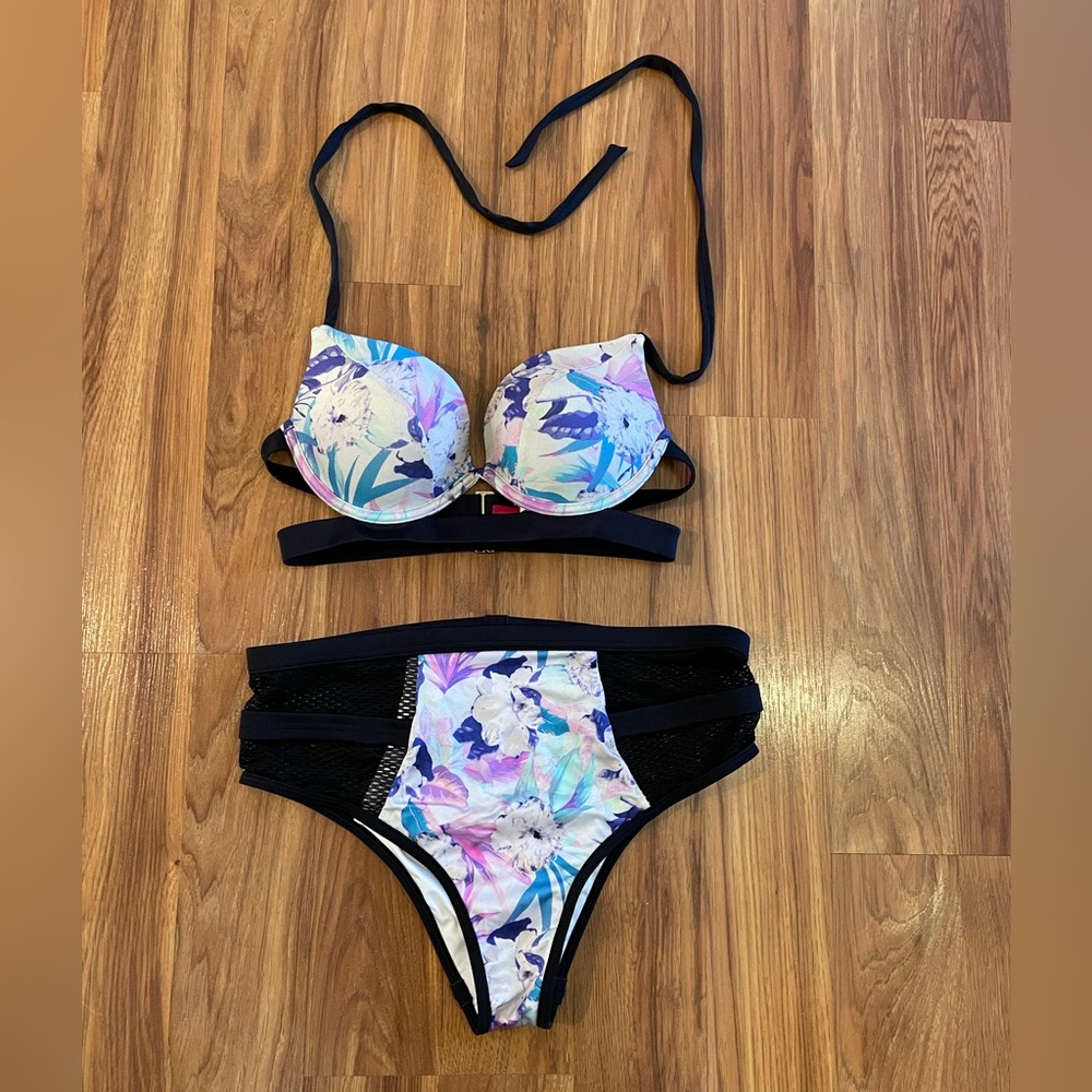 Victoria’s Secret halter with matching high waist mesh panel bottoms